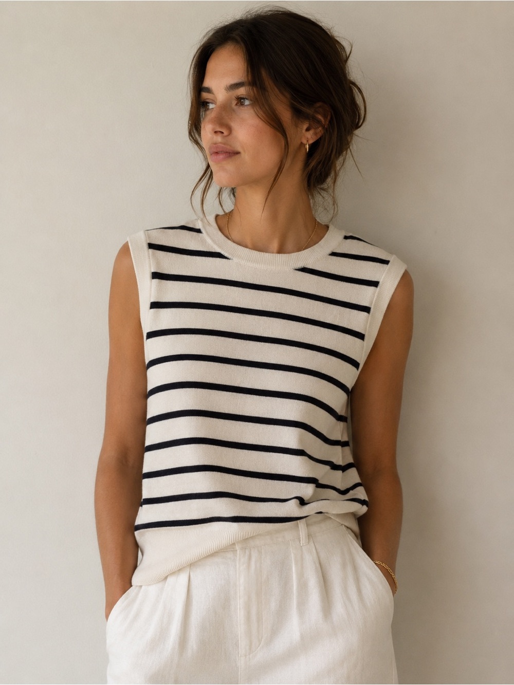 ZARA Striped Knit Sweater Vest Top Cream Black SZ M Parisan Chic Summer